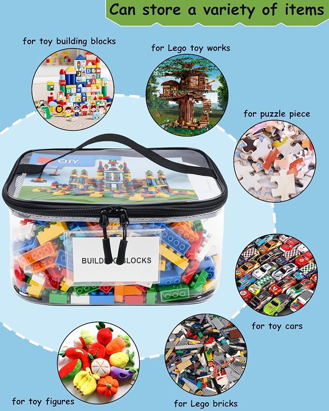 6 Pack Clear Toy Storage Bags with Tag & Pocket – Versatile Waterproof Organizer Bags for Lego Bricks, Board Games, Building Blocks, Puzzles, Dolls, Books