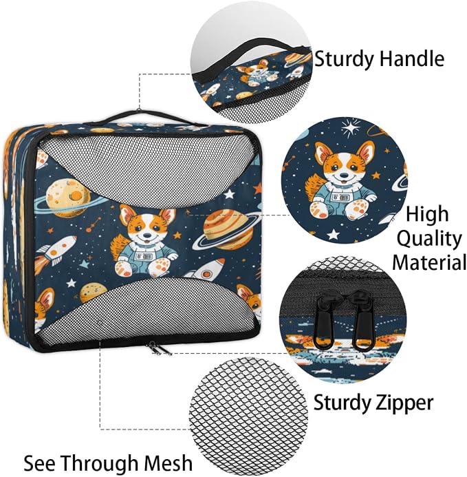 Packing Cubes for Travel, Solar System Planets Travel Luggage Packing Organizers for Women Men, Large Custom Toiletries Bag for Cosmetics Toiletries, Corgi Dogs