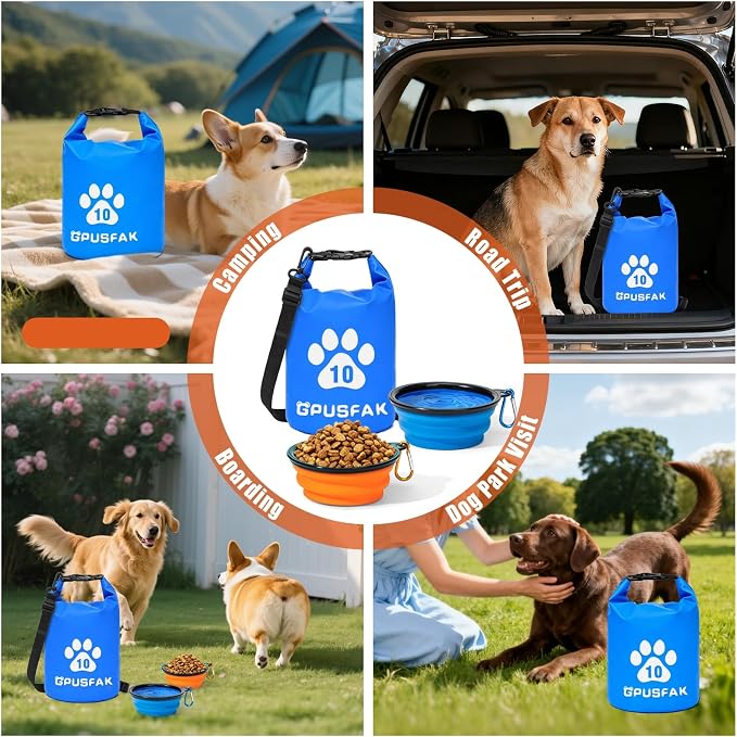 Pet Food Storage Bag with Bowl (64 Cup) - Zip Roll Top Dog Food Travel Bag Waterproof Kibble Container for Camping Road Trips Travel Dog Boarding Weekend Getaways Machine Washable 10L Blue