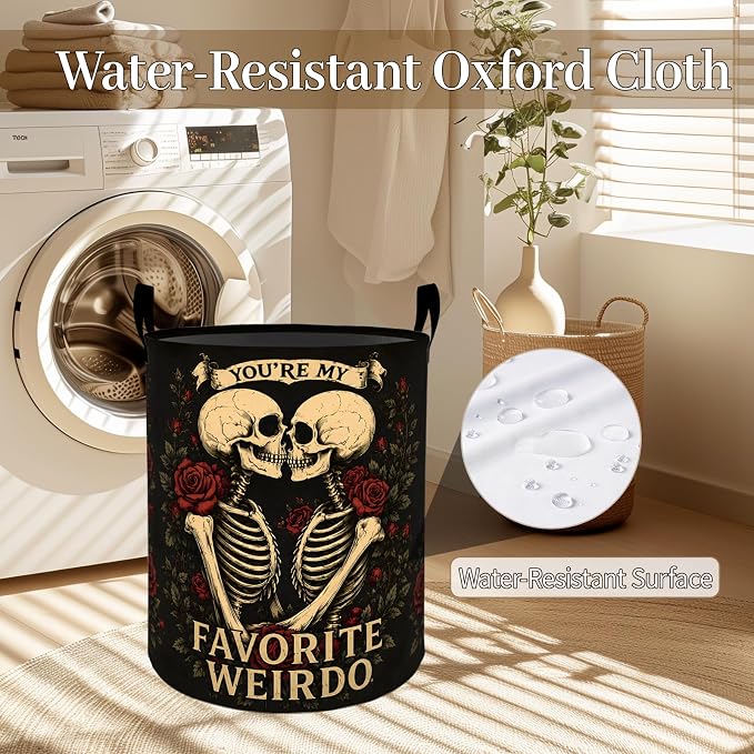 Skeleton Rose Floral Laundry Basket, Gothic Skull Foldable Oxford Cloth, Waterproof Dirty Clothes Hamper with Handles, Clothing Storage Bin Toy Organizer for Bedroom Dorm Bathroom, 19.7"x15.7"