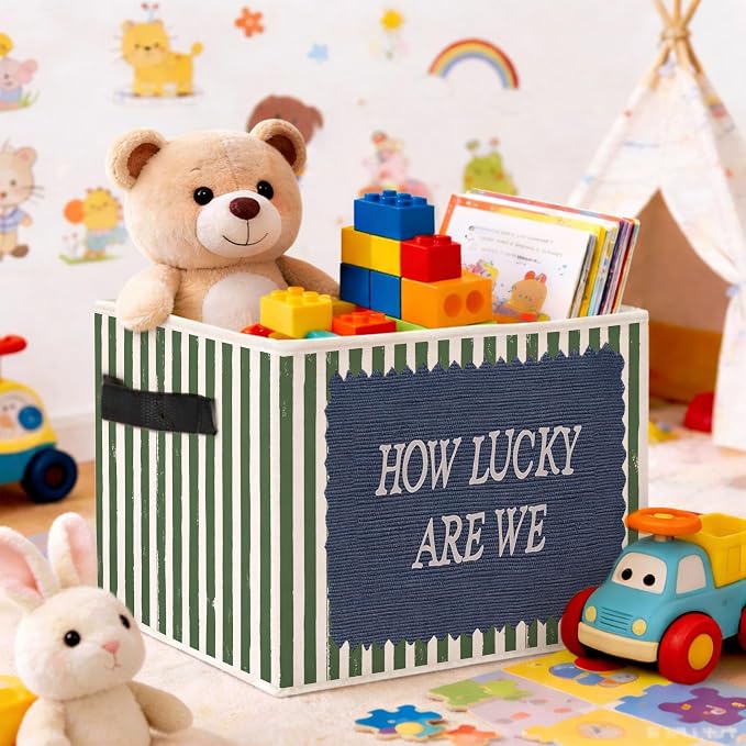 How Lucky Are We Green Stripe Foldable Fabric Storage Bin for Kids Room | Green stripe design, foldable storage bin for toys, books, clothes in nursery, bedroom, or playroom.