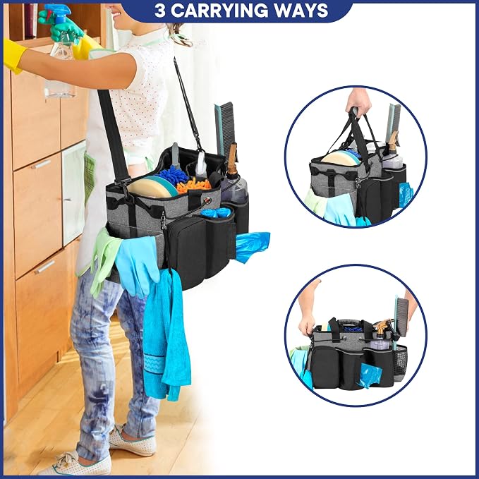 LoDrid Large Professional Cleaning Caddy with Detachable Divider, Black | Cleaning Supply Organizer with Handle and Shoulder Strap for Housekeepers & Cleaners