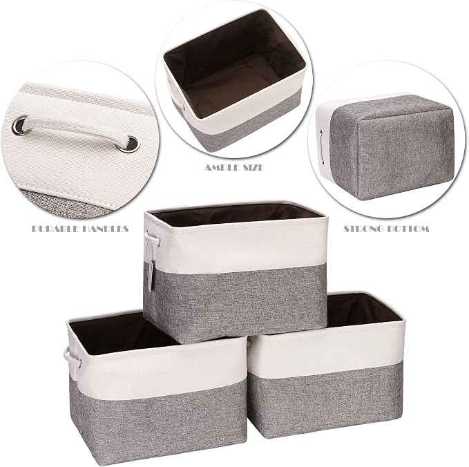 Sea Team Large Rectangle Canvas Open-Top Storage Baskets, 3-Pack | Collapsible Fabric Storage Bins with Handles, Closet Shelf Organizers, 15 x 10 x 10 Inches, Gray & White