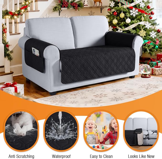 VANSOFY Waterproof Loveseat Couch Cover for Pets, Black, 47.2" | Non-Slip, Washable, Utility Pockets, Pet Friendly, Furniture Protector Slipcover for 2 Cushion Couch