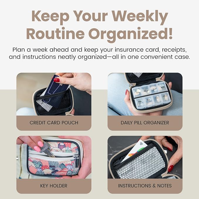Made Easy Kit Pill Case for Everyday and Travel - 7-Day Weekly Medicine Supplement Vitamin Organizer Sorter Tracker - Neoprene Bag with Pockets - Compact Portable 8 Compartments (Khaki Desert)