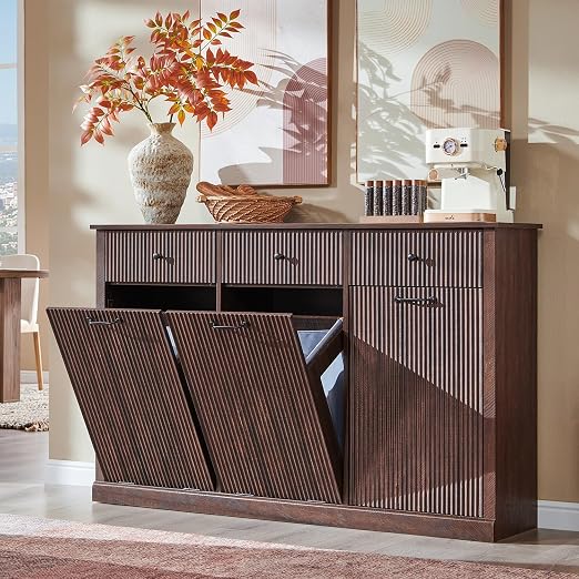 IFGET Triple Tilt Out Trash Can Cabinet, Modern Fluted Laundry Hamper Cabinet with 3 Drawers, 20 Gallon Hidden Wooden Garbage Can Cabinet w/Storage Basket & Adjustable Shelf, for Kitchen, Brown