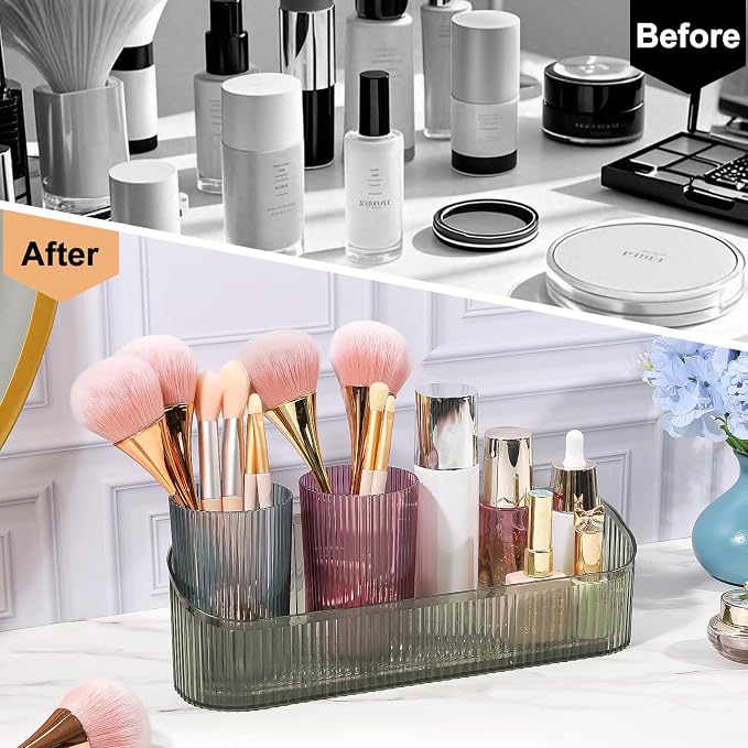 DASITON Makeup Brush Holder Organizer with 4 Cup, Vintage Striped Make Up Brush Holder for Vanity, Bathroom Toothbrush Holders, Acrylic Cosmetic Brushes Storage Organizer Pen Holder (Green+Multicolor)