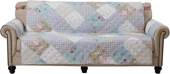 Brilliant Sunshine Blue & Green Roses Patchwork Couch Cover, 78" seat | Quilted Sofa Cover, Living Room & Bedroom Furniture Protector, Extra Large Washable Slipcover for Pets, Dogs & Cats