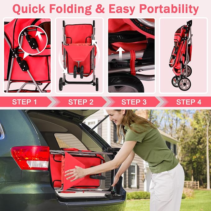 BLKMTY Folding Dog Stroller, 3 Wheels Pet Stroller, Foldable Cat Strollers Waterproof Travel Carrier Strolling Cart for Puppy Jogger with Cup Holder & Storage Basket, Red