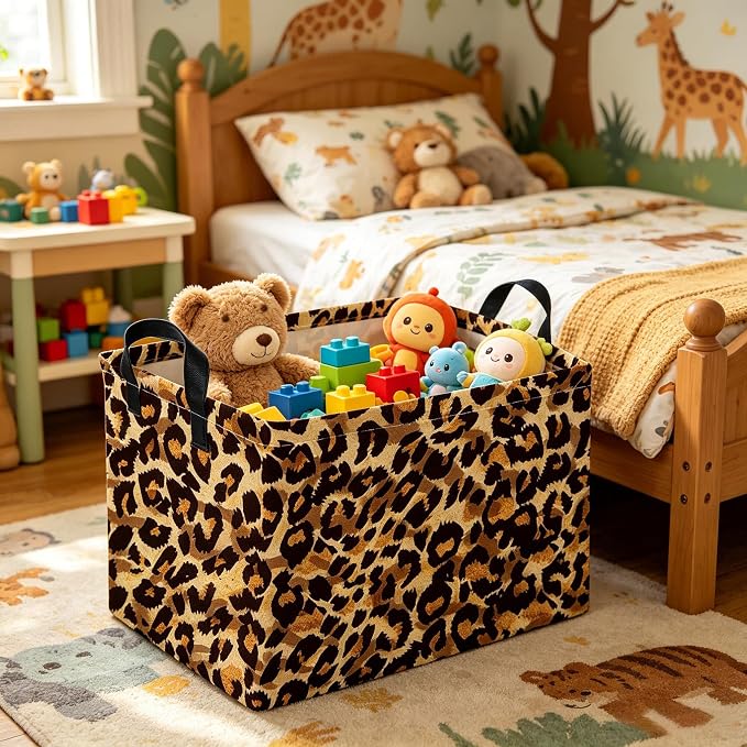 Rectangular leopard print baskets,Kids Storage Bins,Collapsible Canvas Waterproof Storage Bin for Girls,Cute Organizer Box,Book baskets,baby room Decor(Leopard Print)