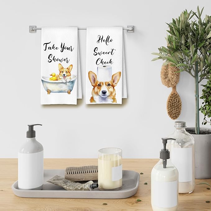 Funny Corgi Dog Hand Towels for Bathroom Washroom, Gifts for Corgi Lovers Women Men, Dog Bathroom Decor, 16x24 Inch Set of 4