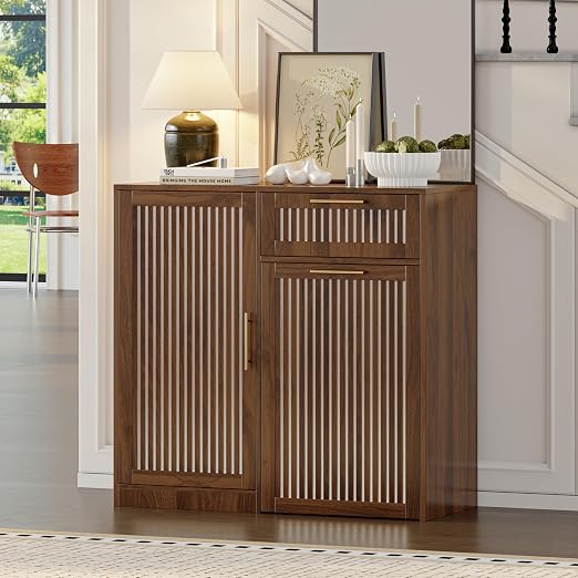 Single 13 Gallon Pull Out Trash Can Cabinet with Storage Cabinet,Walnut | Pet Proof Hidden Garbage Can Cabinet,3-Tier Shelves,Fluted Design,Extra Drawer Space,Kitchen & Dining Room Organization