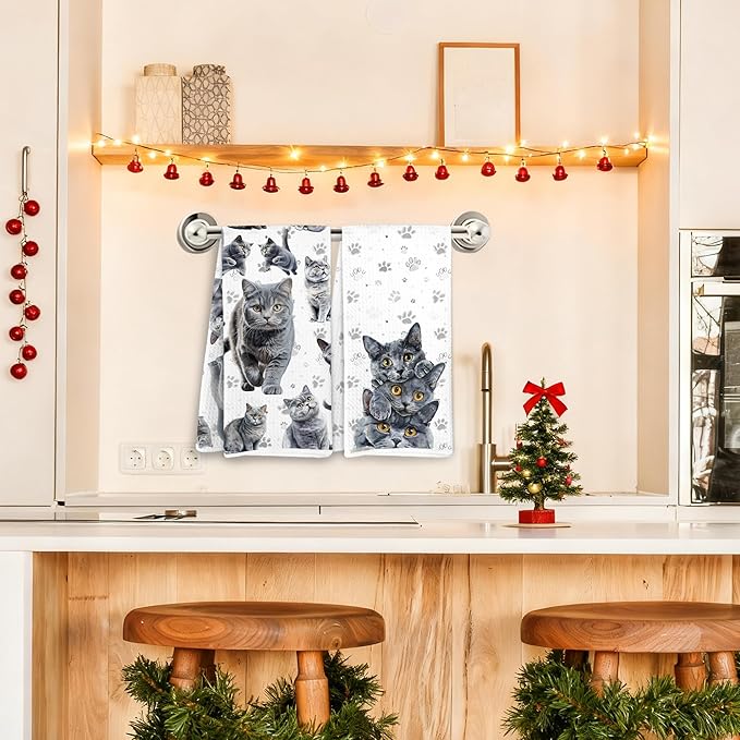 Russian Blue Cat Kitchen Towels, Cat Owner Gifts Dish Tea Towels, Cute Kitty Kitten Paws Decorative Hand Towel for Bathroom, 16x24 Inch Set of 2