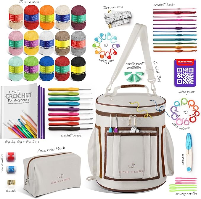 Crochet Kit for Beginners Adults and Kids - Beginner Crochet Kit for Adults with Step-by-Step Video Tutorials, Amigurumi and Crocheting Kit, Crochet Starter Kit with Soft Crochet Yarn and Crochet Bag