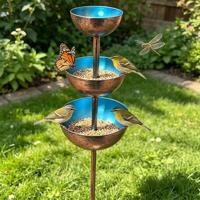 Rain Catcher Bird Bath 3-Tier, Rain Catcher Garden Stake, Antique Bronze Metal Water Bowls Bird Bath and Bee Watering Station with Soil Post for Lawn Edge,Flower Bed, and Open Yard Display