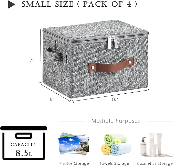 4PCS Storage Bins with Zipper Lids Decorative Lidded Basket Box | Clothes Container, Closet Shelf Organizer, Foldable Washable, Cotton Linen Fabric, w/ PU Leather Handles, Gray, Small