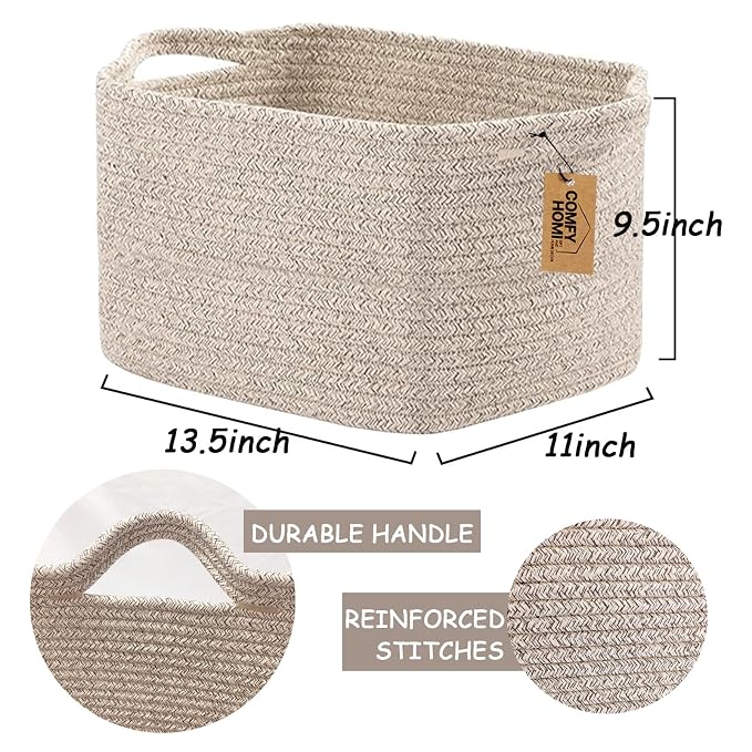 COMFY-HOMI Cotton Rope Woven Basket with Handles for Shelves,Toys,Book, Cloth Storage Baskets Bin for Organizing- 1 PCSToy Decorative Organizer for Living Room, Bathroom