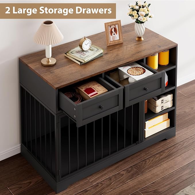 GarveeHome 47" Medium Dog Crate Furniture with Storage, Black | Dog Crate TV Stand with 2 Drawers and 4 Open Shelves, Wooden Decorative Dog Kennel Indoor