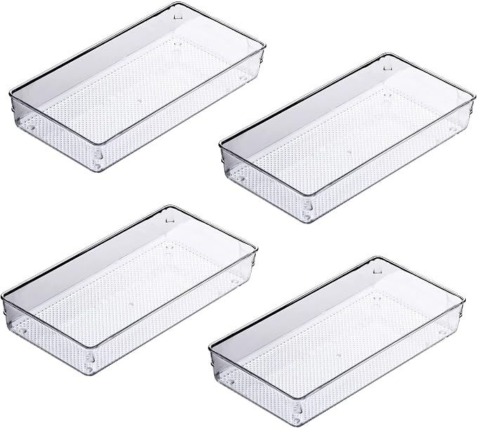 4Pack Large Size Clear Plastic Desk Drawer Dividers Drawer Organizer Wide Tray for Makeup,Kitchen Utensils,Jewelries and Gadgets 12’’x6’’