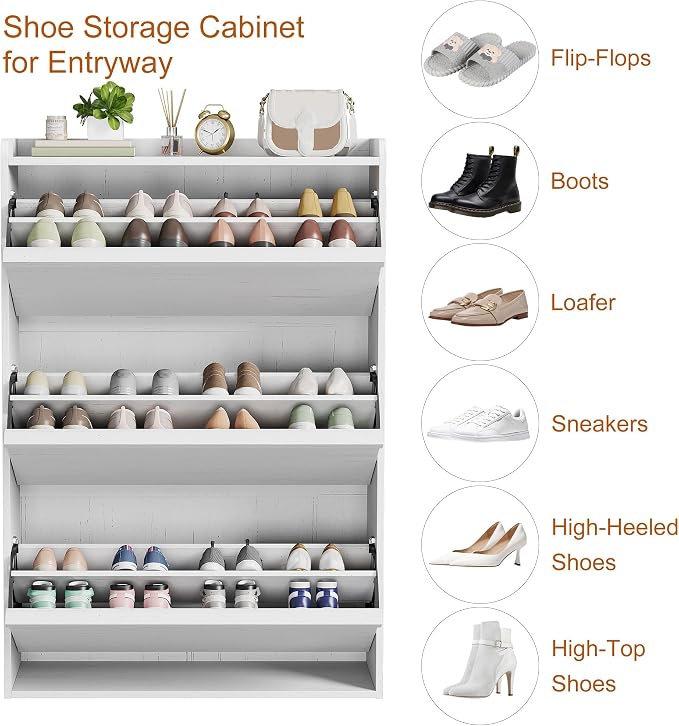 GarveeHome Shoe Cabinet with 3 Flip Drawers, Wooden Shoe Organizer with Adjustable Shelf, Shoe Storage for Entryway, Hidden Shoe Cabinet for Hallway, Living Room, White