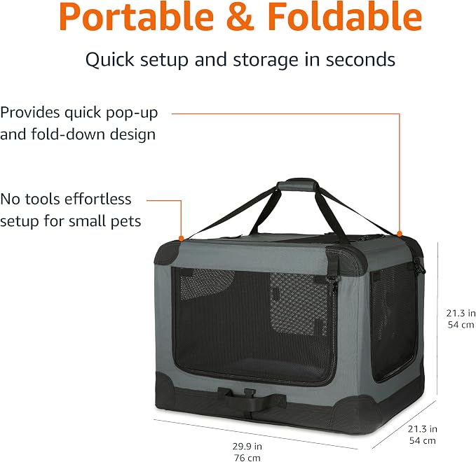 Amazon Basics 4-Door Portable Folding Soft Dog Crate, Collapsible Travel Kennel for Cat, Dog, and Other Small Animals, Pop Up with Easy Transportation, Grey, M 30" x 21" x 21"
