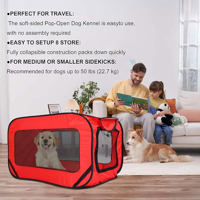 36 Inch Foldable Dog Kennel for Large Dogs, Portable Waterproof Pop-Up Pet Crate, Indoor Outdoor Travel Car Seat Kennel (Red)
