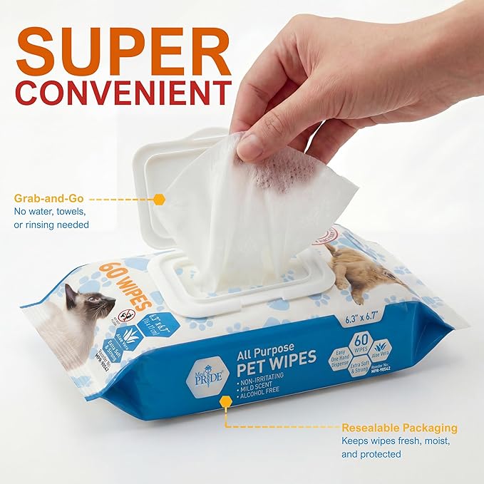 MED PRIDE Hypoallergenic Cat Wipes for Bathing and Cleaning with Aloe Vera Alcohol and Paraben-Free Extra Soft Cat Cleaning Wipes for Fur (12 Packs of 60)