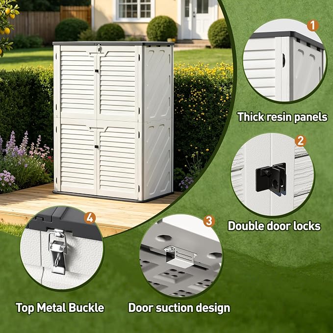65 Cu.Ft Resin Outdoor Storage Shed with 2 Shelves & Floor, Weatherproof Plastic Vertical Outdoor Storage Cabinet for Garden Backyard Patio Pool Tool