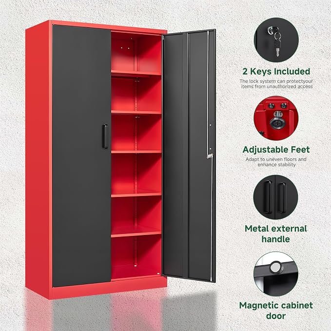 Metal Garage Storage Cabinets with Lock, 72" Tall Locker Organizer Steel Tool Cabinets,5 Adjustable Shelves 2 Doors for Home Office, Warehouse,Garage,Industrial,Employee (Black Red)