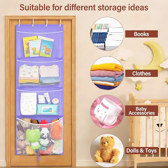Over Door Stuffed Animal Storage, Hanging Plush Toy Organizer Holder | Behind Door Organizer with 4 Large Pockets, Mesh Hammock Bag for Doll & Bear Stuffies, Idea for Girl Boy Kid Nursery Closet
