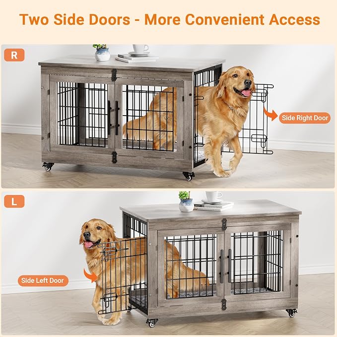 Large Dog Crate Furniture, 38'' Heavy Duty Wood Kennel w/Cushion & Wheels | Grey, Double Doors, Wooden Dog Cage, Chew-Resistant, End Table, Decorative, 27"/32"/38"/44" Options, Indoor