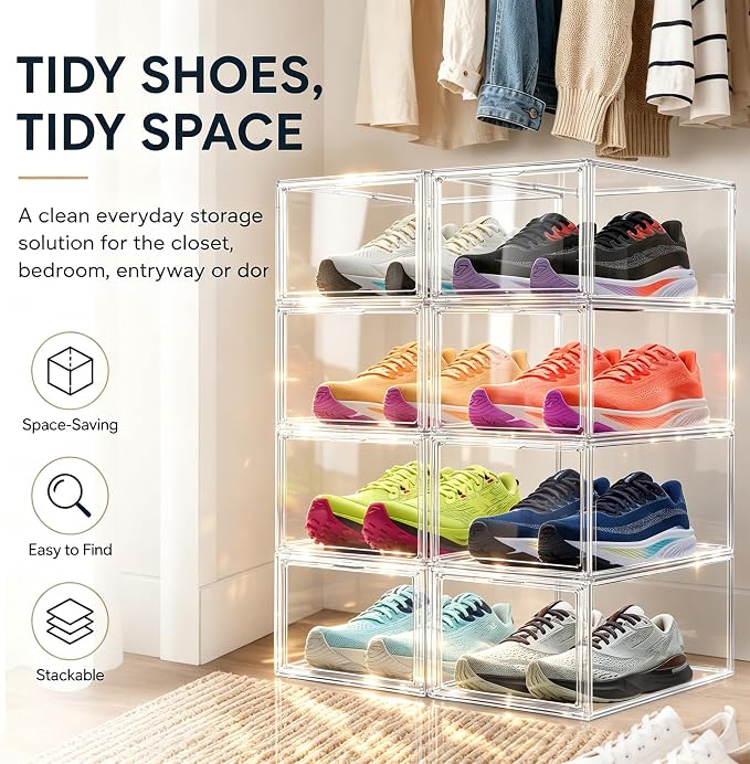 12 Pack Clear Acrylic Shoe Boxes Fit Size 12, Front Door for Small Closets | 10.2 x 13.4 x 7.5 in stackable shoe display case for apartments, dorms, entryways and compact closets. Fits up to US size 12