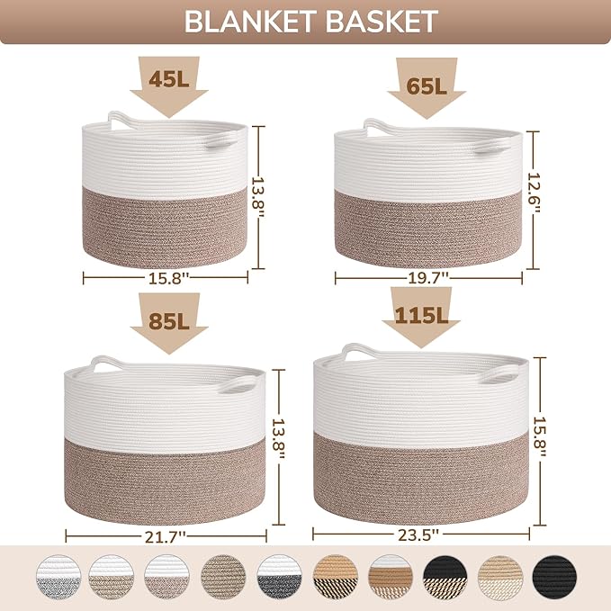 Goodpick 65L Large Woven Rope Basket for Blankets Living Room, 65L | 19.7 x 19.7 x 12.6 In Woven Basket for Storage, Kids Toy Storage for Playroom, Laundry Basket for Towels, Light Brown