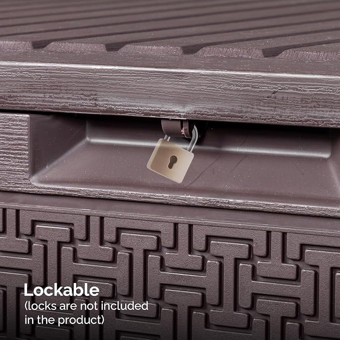 90 Gallon Outdoor Storage Box with Maze Texture, Waterproof Resin Deck Box for Patio Furniture Cushions, Lockable & Weather Resistant Garden Bin for Pool Toys & Tools, Brown