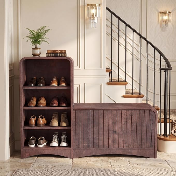 L-Shaped Shoe Storage Bench with Lift Top Box & Shelf, Walnut | Durable Wood Cabinet With Hidden Storage For Entryway, Hallway, Apartment