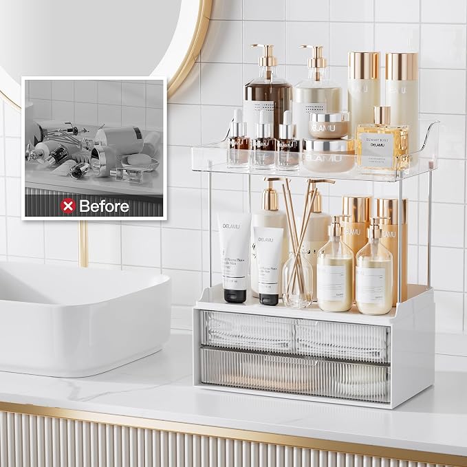 Delamu 4-Tier Makeup Organizer, Bathroom Counter Storage, 2 Drawers,Clear | Elegant Vanity Organizer Gift for Women, Holds Perfume, Skincare, Nail Polish & Hair Accessories for Bathroom Countertop