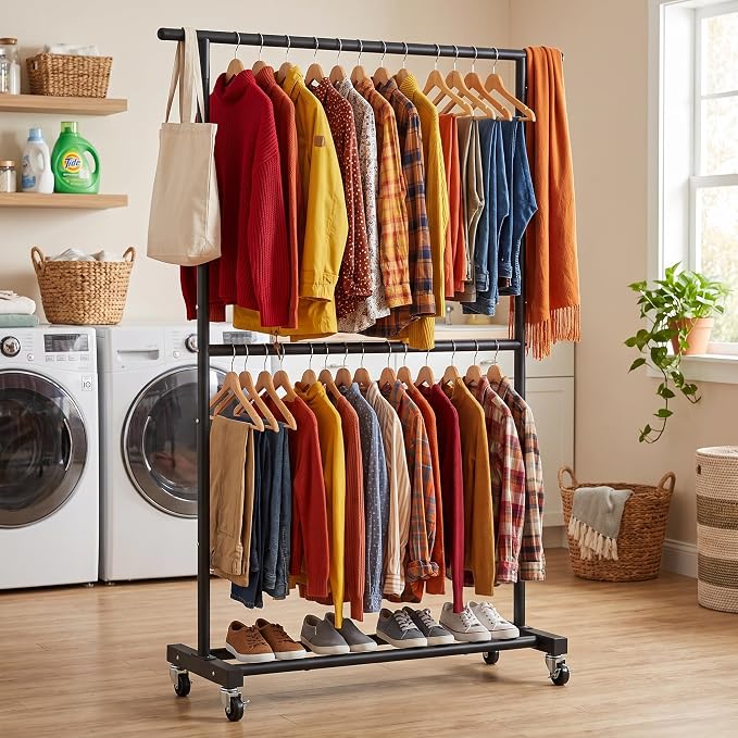 Sywhitta Double Rod Metal Clothing Garment Rack on Wheels, Black | Rolling Clothes Organizer, for Hanging Clothes,Coats,Easy to Assemble,Space-Saving,Mobile Organizer for Closet