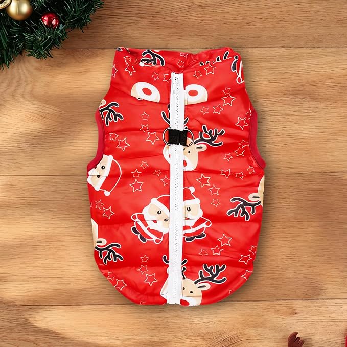 Idepet Pet Dog Cat Coat with Leash Anchor Color Patchwork Padded Puppy Vest Jacket Teddy Chihuahua Costumes Pug Cloth XS S M L(X-Small,Red-Santa&Reindeer)