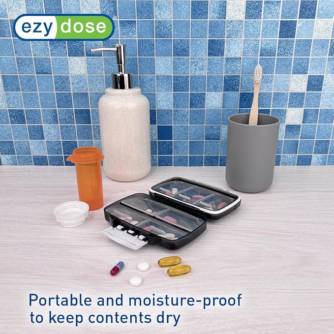 Ezy Dose Moisture-Proof Travel Pill Case, 7 Compartments, Black, Medium | Moisture-Proof Pill Case, Medicine Planner, Vitamin Organizer Box, Travel-Friendly, Latch-Closure to Secure Contents