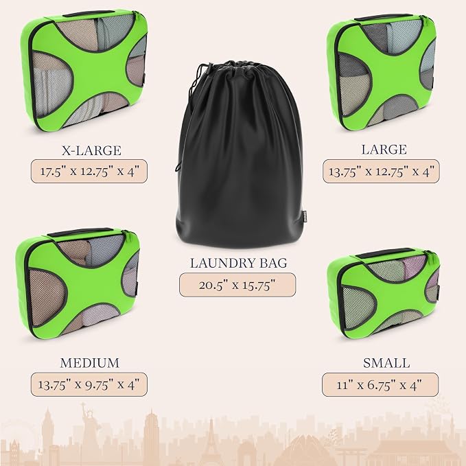 Shacke 5 Set Packing Cubes for Travel with Laundry Bag (Green Grass) | Suitcase Organizer Bags Set: 4 Water-Resistant Luggage Cubes, XL to Small, + Laundry Bag for Carry-On or Checked