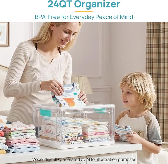 Vtopmart 24 QT Clear Plastic Stackable Storage Bins with Lids, 3 Pack | 24QT Clear PET Bins, Foldable and Stackable with Silicone Pads, for Clothes, Books, Crafts and Household Essentials.