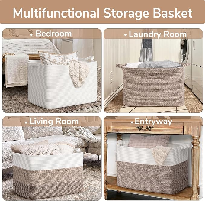Goodpick 105L Extra Large Woven Rope Blanket Basket, Rectangle, White | 25'' x 16'' x 16'' Storage Basket for Blankets & Clothes, Living Room, Bedroom & Nursery Organization, Reinforced Handles