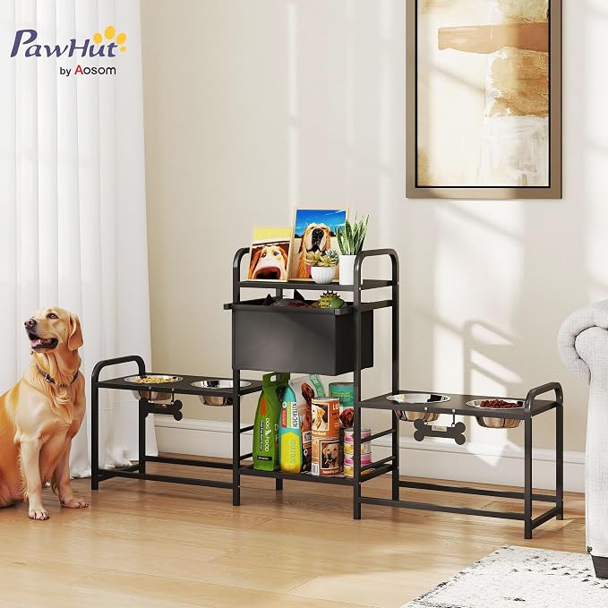 PawHut Dog Bowl Stand, 2 Feeding Stations, 3 Adjustable Heights, Black | Elevated Dog Bowls, Toy Bin Basket, Lifted Food and Water Bowl, Pet Storage Organizer, for Small, Medium, Large Pets