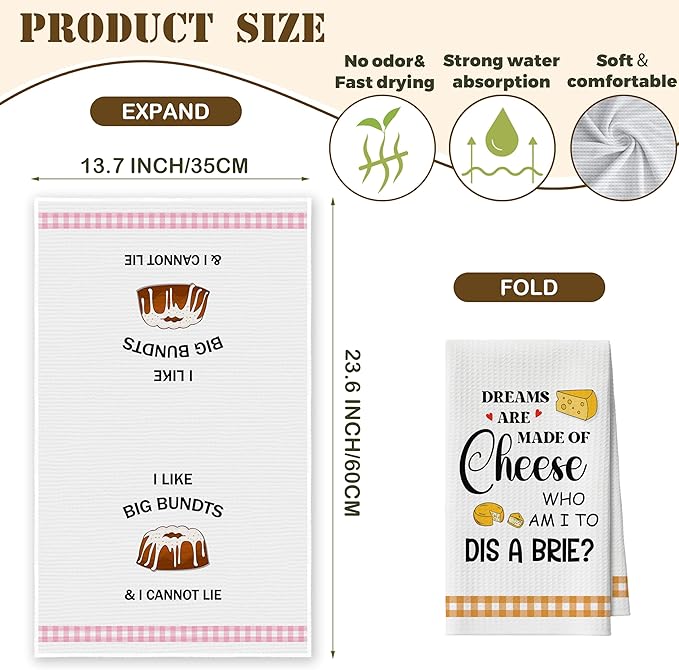 Kitchen Towels Set of 2, Cheese and Bundts Dish Towel for Kitchen, Decorative Hand Towels for Bathroom, Fast Drying Tea Towel with Funny Sayings, Housewarming Xmas Gifts for Women Mom -B18
