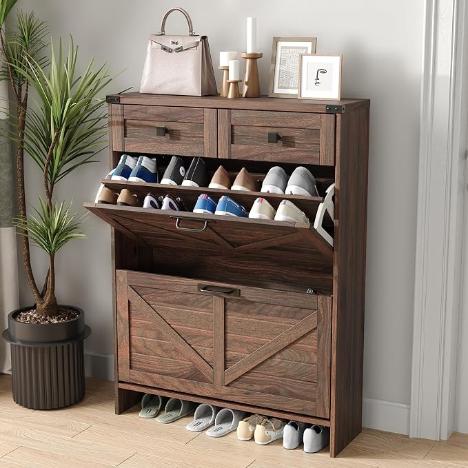 Halitaa Shoe Cabinet with 2 Flip Drawers & 2 Drawers,Farmhouse Shoe Storage Cabinet for Entryway,Slim Freestanding Narrow Organizer Rack for Front Door Entrance,Dark Walnut