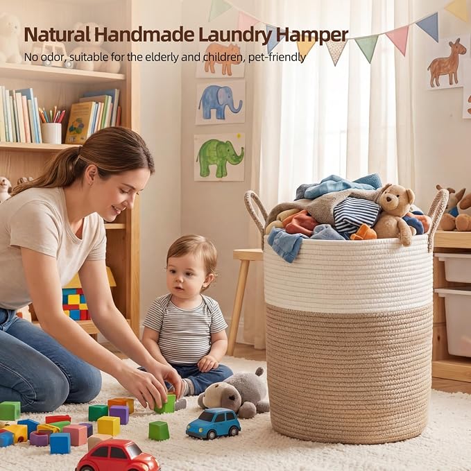 OIAHOMY 60L Nursery Hamper Laundry Basket Laundry Hamper Brown/White | collapsible Blanket Basket Cotton Rope Woven Basket Dirty Clothes Hamper Baby Hamper Tall Clothes Hamper with Handles