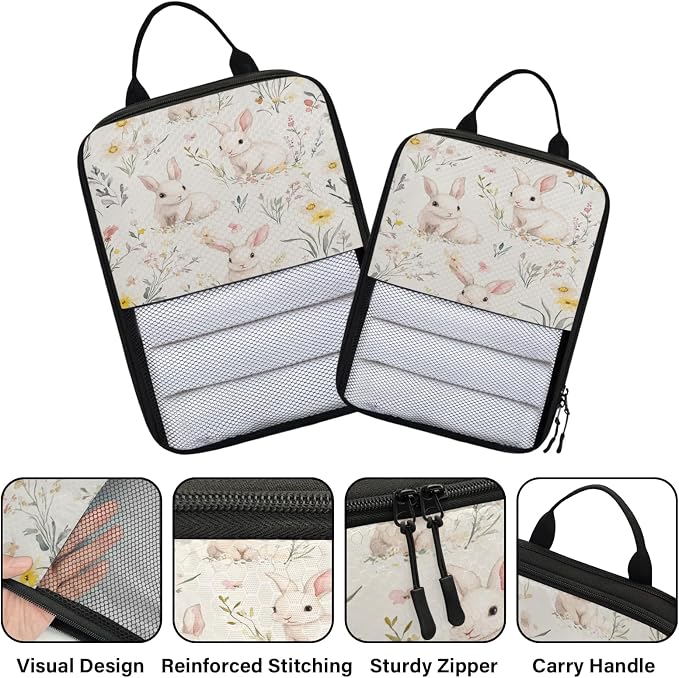 Floral Bunny 6 Set Compression Packing Cubes | Easter Rabbit Travel Accessories Expandable Packing Organizers Space Saver Bags for Organizing Clothes