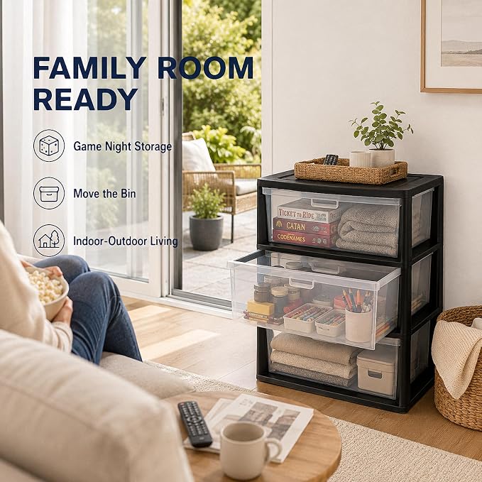3 Drawer Plastic Storage Tower Wide Organizer for Closet Bedroom (Black) | Stackable wide drawers for clothes, toys and crafts. Durable see-through plastic provides quick visibility.