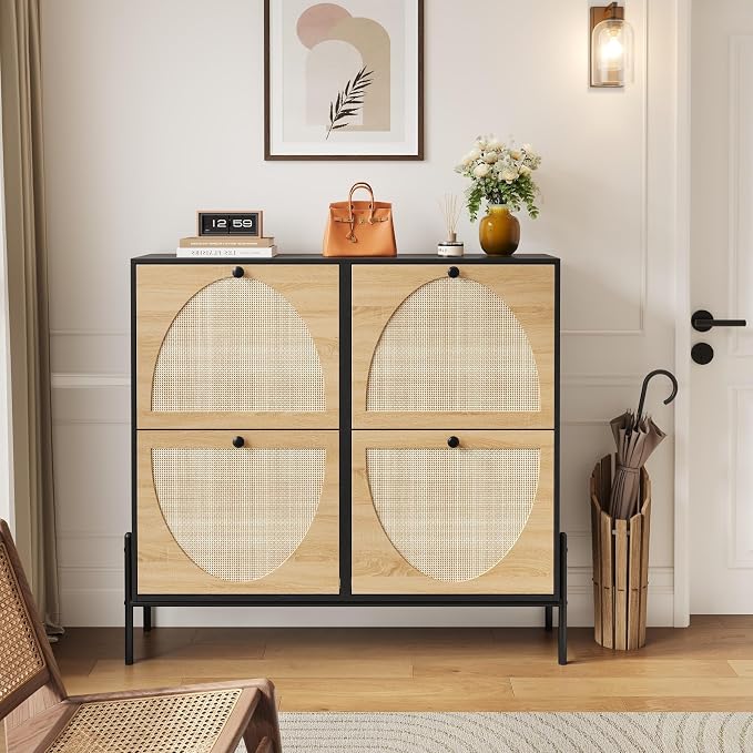 Rattan Shoe Cabinet Storage,Narrow Shoe Rack for Entryway with 4 Flip Drawers, Freestanding Wooden Shoe Organizer Cabinet with Metal Legs for Hallway (Black + Natural, 4 Flip Drawers)