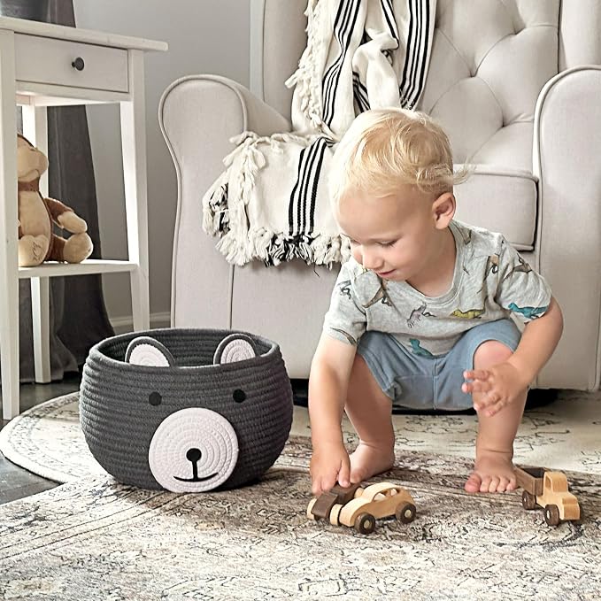CherryNow Baby Basket for Gifts Empty, Cute Bear Design, Grey | 10.5" x 8.5" Woven Rope Baby Shower Basket, Fits Living Room Nursery Decor, Gift Baskets Empey for Kids Boys